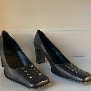 Mano Vintage Style Square Toe Laced Brown Leather Pumps Size 8